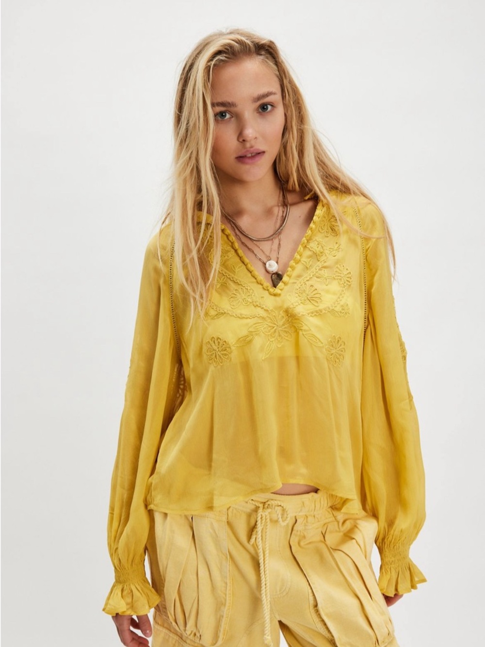 NWT Free People Bali Dragon Lily Blouse in Misted Yellow Size Small